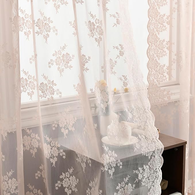 Kotile Blush Sheer Curtains 80 Inch Length 2 Panels Cottagecore Floral Coquette Curtains for Girls Bedroom, Rod Pocket Light Filtering Privacy Lace Window Curtain, 52 x 80 Inch, Blush Pink
