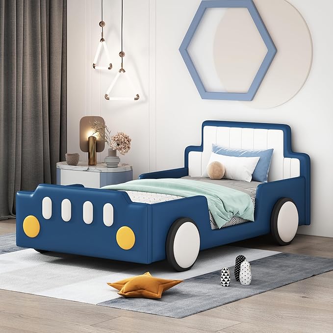 Twin Size Car-Shaped Platform Bed with Wheels,Automotive Design Bed Frame w/Rails and Slat Support for Kids Boys Girls Teens, Easy Installation, Gray