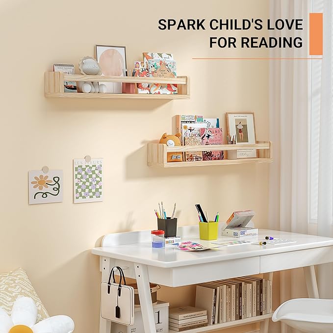 Heimlove Nursery Floating Shelves, Solid Wood Book Shelves for Wall, 24 Inch Bookshelf for Kids, Wall Mounted Shelves for Books,Toys and Decor Storage, Set of 2 (Natural)