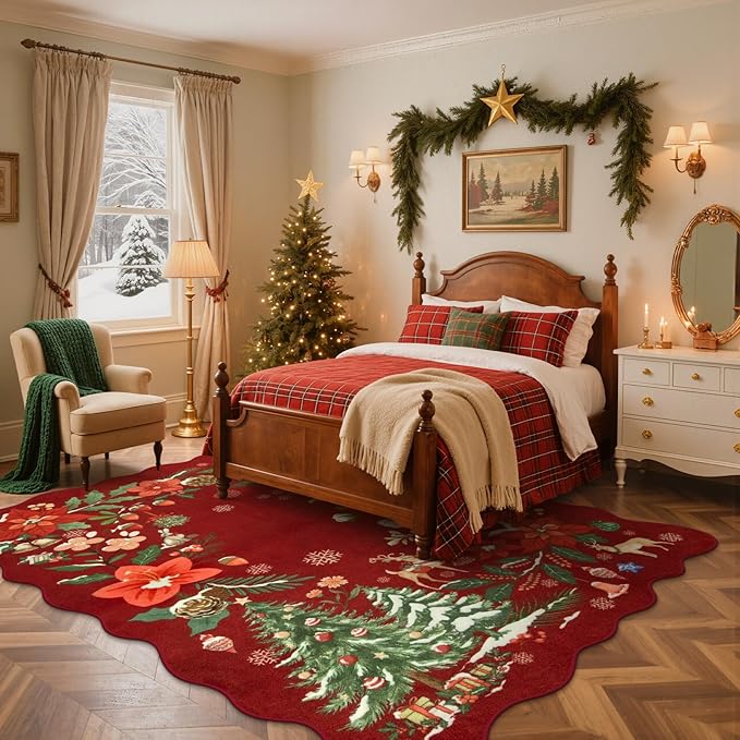Lahome Floral Christmas Rugs for Living Room, Washable Christmas Rug 8x10 Under Bed Soft Xmas Tree Red Rug, Stain Resistance Large Carpets for Dining Room Office Home Decor, Red