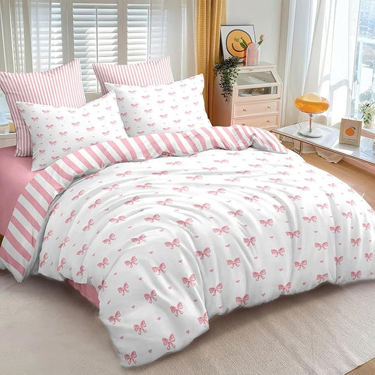 Bow Duvet Cover Queen Size Pink Striped Heart Bedding Set Cute Love Heart Printed On White Comforter Cover with Zipper Closure Soft Breathable Microfiber for Kids Girls