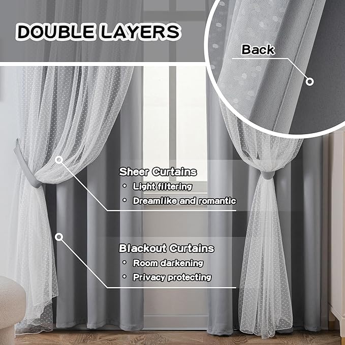 MYSKY HOME 70% Blackout Curtains for Girls Bedroom & Nursery Kids Grey Cute Curtains 63 inch Long Double Layer with Polka Dots Sheer, Grommet Tops, 52" Wide Each Panel, 2 Panels