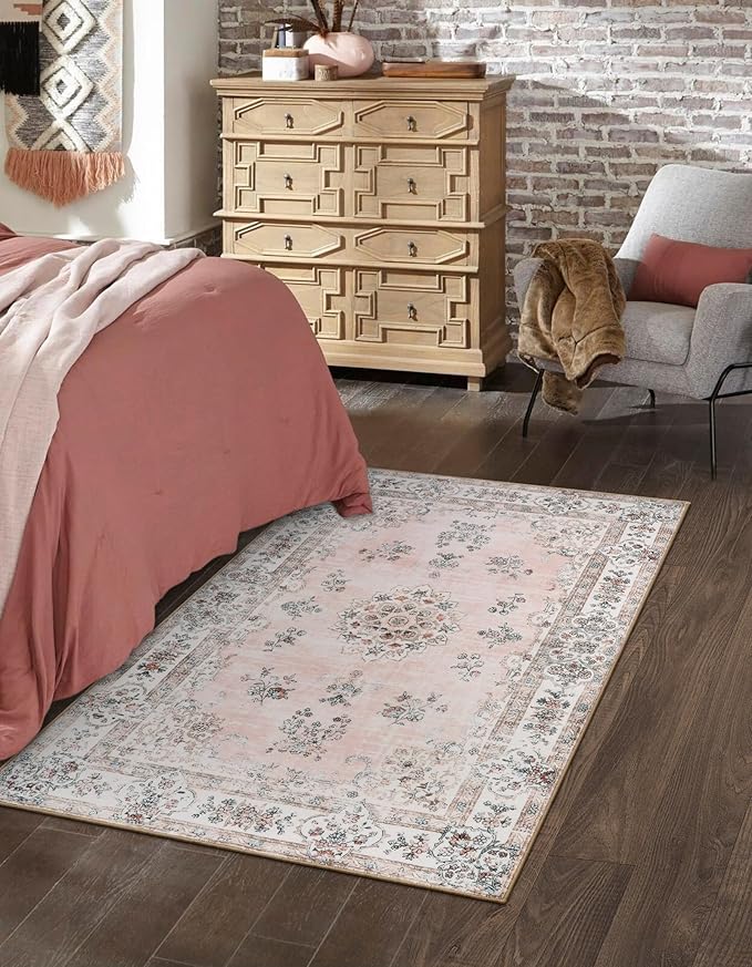 Lahome Pink 3x5 Entryway Rug Indoor, Neutral Distressed Washable Floral Print Area Rugs for Girls Bedroom Laundry Bathroom, Soft Non-Slip Water Repellent Mat for Floor Protection