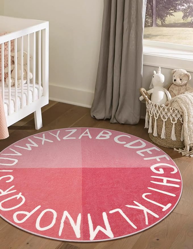 LIVEBOX Round Kids Rug for Girls, Non-Slip Washable Carpet for Baby Nursery, Small Rugs for Bedroom, ABC Circle Soft Princess Playmat for Playroom Classroom Tent (40" Pink)