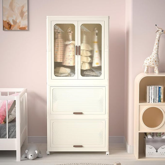 Portable Wardrobe Closet with Drawers, Magnetic Doors, 4 Cubes & Hanging Rod, 10 Hangers, Large Foldable Armoire for Clothes Storage, Wardrobe Storage Cabinet for Families, Baby, Easy Assembly