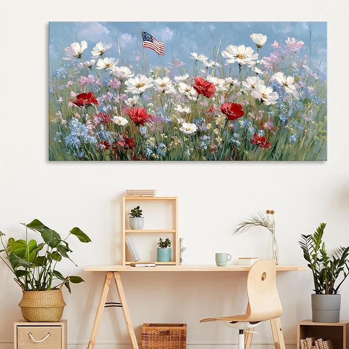 BewDalky American Flag Wildflower Field Canvas Wall Art for Home Decor, Patriotic Rustic Floral Landscape Art Print, USA Independence Day Artwork for Living Room, Bedroom, Bathroom Wall Decor 28"x58"