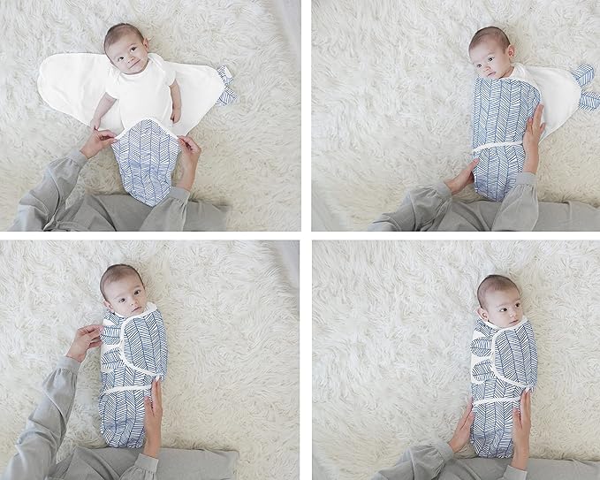 BaeBae Goods Swaddle Blanket, Adjustable Infant Baby Swaddling Wrap Set of 4, Baby Swaddling Wrap Blankets for Boys and Girls Made in Soft Cotton (Navy/Grey Triangles, 3-6 Months)