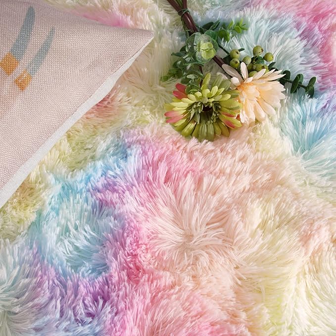 DweIke Fluffy Rainbow Rugs for Bedroom Living Room, 4x6 Feet Soft Plush Shaggy Colorful Pink Girls Boys Kids Rug, Non-Slip and Machine Washable Carpet for Dorm Nursery Classroom Decor