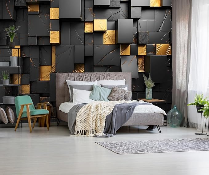 Black and Gold 3D Wallpaper Bedroom Abstract Geometric Squares Background Wall Mural for Living Room Office（Not Peel and Stick）