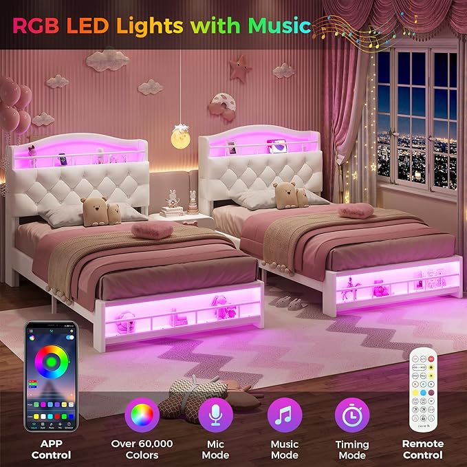 BTHFST Twin Szie Girls Bed with LED Lights & Charging Station, Princess Twin Size Bed Frame with Hidden Storage Headborad, Sturdy Platform Bed, No Box Spring Needed/Noise-Free/Easy Assembly, Beige