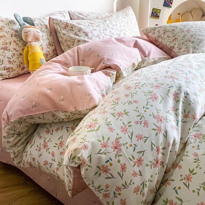 HighBuy Soft Cotton White Duvet Cover King Size Pink Floral Coquette Bedding Set King Chic Vintage Flower Comforter Cover Quilt Cover with 2 Pillowcases,Boho,King