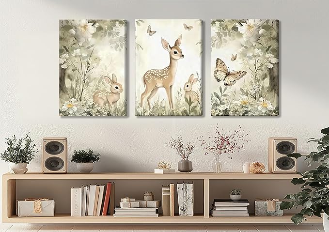 3Pcs Woodland Animal Nursery Canvas Wall Art Cute Forest Animal Wall Decor Pictures Deer and Butterfly Wildflowers Posters Prints for Nursery Bedroom Kids Room Home Decoration Prepare to Hang 12X16in