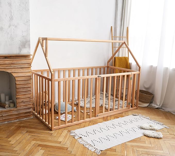 BUSY WOOD Montessori Bed for Toddlers - Floor Bed Frame Full - Floor Toddler Bed with Rails - Montessori Bed Queen- Floor Toddler Bed with Rails - Montessori Floor Bed Frame (Model 21)