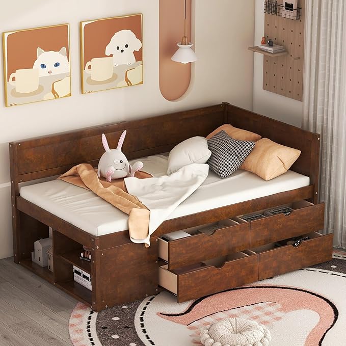 Twin Size Daybed with 4 Storage Drawers and Shelves, Wooden Twin Platform Bed Frame with L-Shaped Headboard and Slats Support, Corner Bed Twin Captain Beds for Kids Boys Girls Teens, Walnut
