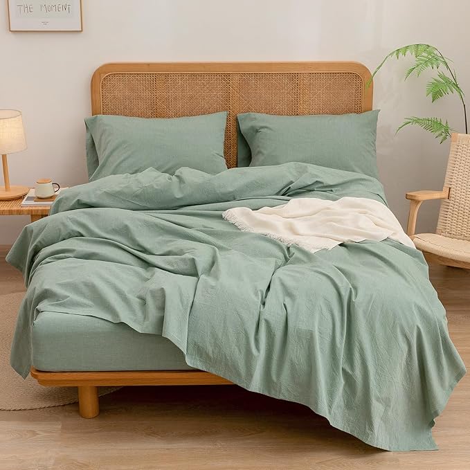 BESTOUCH Sheet Set 100% Washed Cotton Linen Feel Super Soft Comfortable Chic Lightweight 4 Pcs Home Bedding Set Solid Green Queen