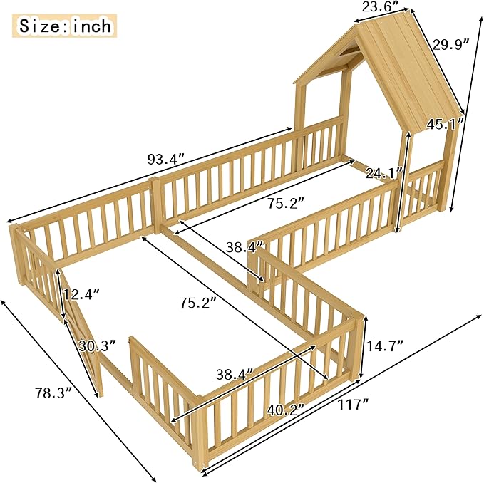 Harper & Bright Designs Twin Size House Shaped Double Floor Bed with Door and Full-Length Guardrails, Solid Wood Kids Montessori Floor Bed for Girls Boys, Multi-Function, Natural