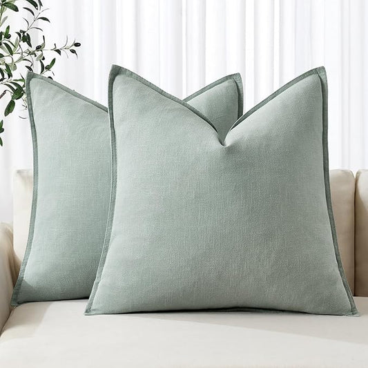 MIULEE Decorative Linen Euro Sham Pillow Covers 24x24 Aqua Green Boho Farmhouse Neutral Couch Throw Pillows for Bed Pack of 2 Accent Modern Pillowcase Summer Sofa Livingroom Home Decor