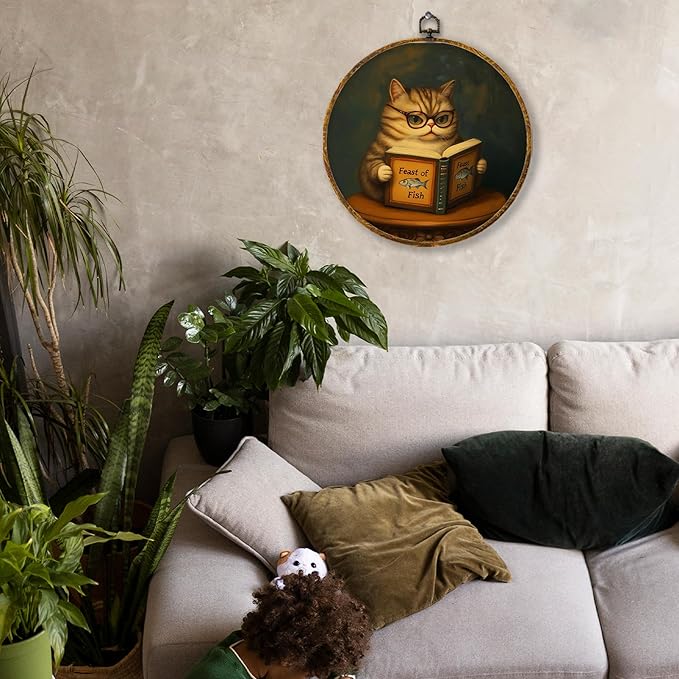 Hiuwevt Vintage Cat Reading Book Round Wall Art, Reading Nook Corner Decor, Book Club Decorations, Funny Cat Hanging Canvas Prints Wall Decor for Library Classroom Home, 10x10 Inch