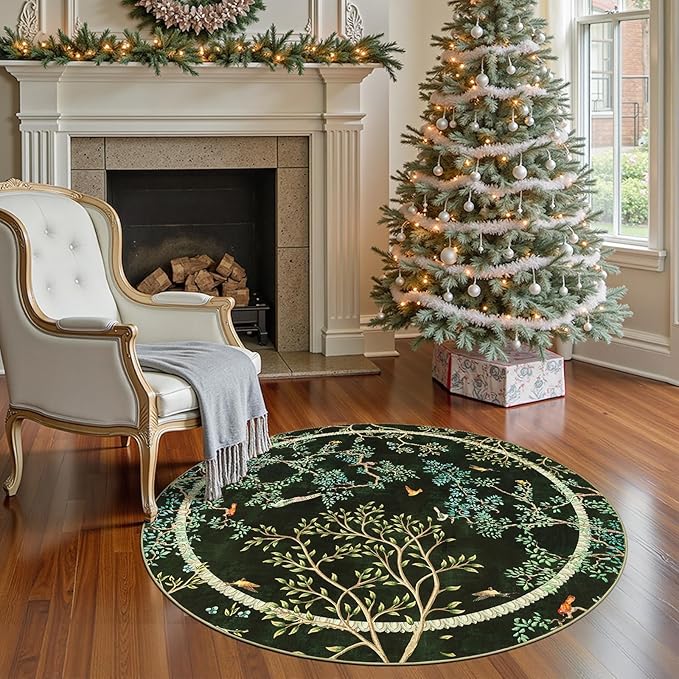 jinchan Yarden Christmas Round Rugs 4ft Moss Green Botanical Birds Print,Machine Washable 4' Circle Nature Plants Modern Soft Non-Slip Throw Area Rugs,Low Pile Carpet for Entryway Bedroom Kids Room