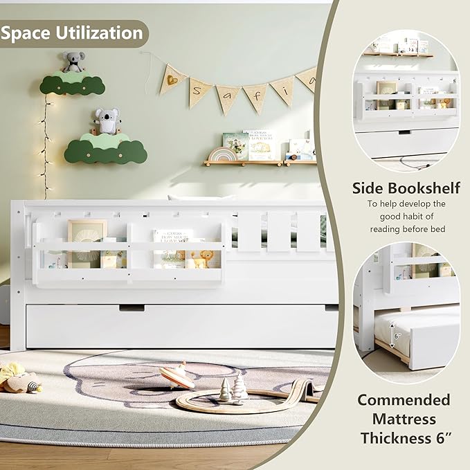 Bellemave Full Bed with Trundle and Stairs, Full Size Platform Bed Frame with Fence and Bookshelf, Easy Assemble Beds for Kids, Girls, Boys, White