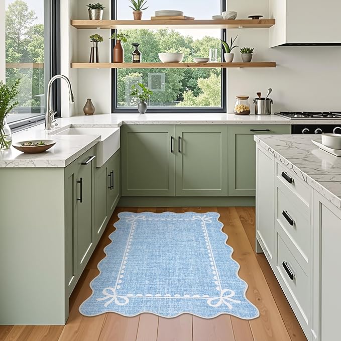 GarveeHome Scalloped Bow Rug for Kitchen Floor, Solid Blue Rug for Dorm, Washable Entryway Rugs 2x3 Soft Low Pile Non Slip Scalloped Rugs for Nursery Bedroom Decor Hallway