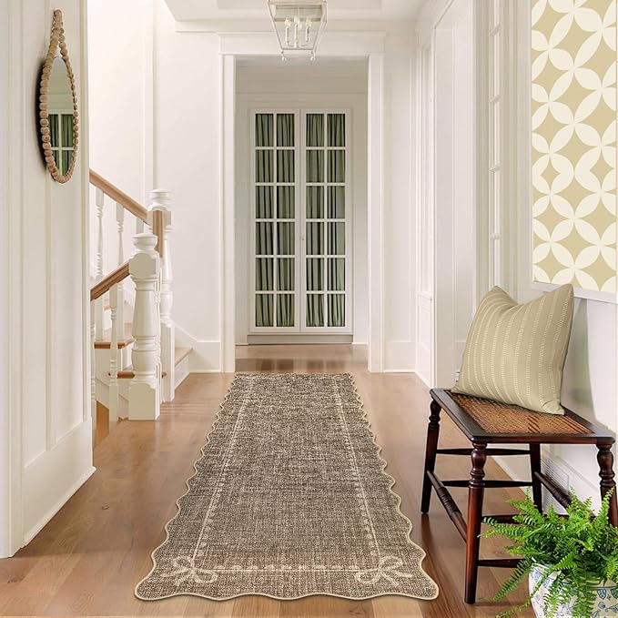 GarveeHome Scalloped Bow Rug for Living Room, Solid Brown Rug for Dorm, Washable Runner Rug 2.5x8 Soft Low Pile Non Slip Scalloped Rugs for Nursery Bedroom Decor Hallway Entryway Playroom