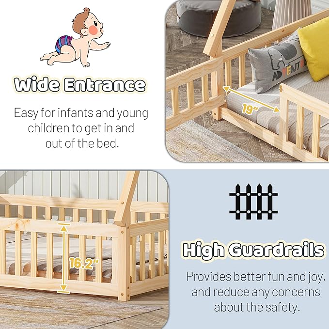 Full House Bed Frame with Fence Rails and Door,Wood Montessori Floor Bed with Slats Support,Teepee Tent Beds Kids Bed Frames for Girls Boys, Natural
