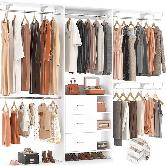 Aheaplus Closet System, Closet Organizer with 3 Wooden Drawers, 8FT Closet Organizer System, 96’’ Walk-in Closet Wardrobe Clothes Rack with Hanging Rods, Garment Rack, Fits 5.3-9 ft, -W3,White