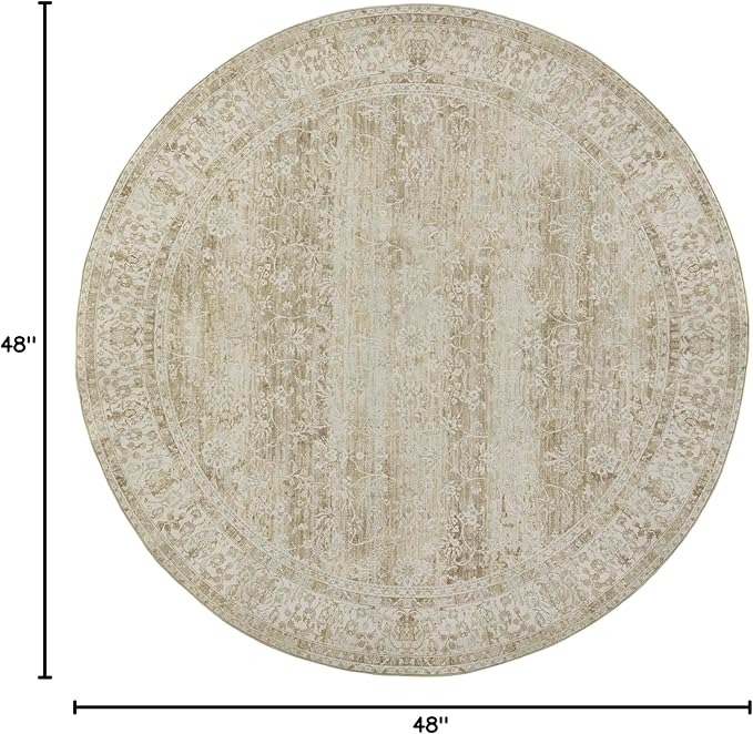 Cream&Light Tan Area Rug Vintage Rug Indoor Floor Cover Floral Print Circle Rug 4' Round