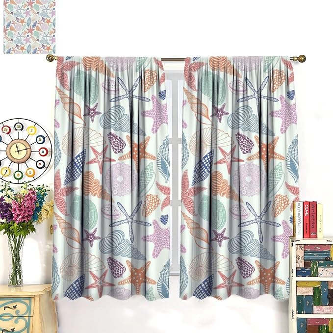 BAEKJIN Coastal Nautical Curtains,Colorful Starfish Seashell Beach Sea Starfish Seashell Theme Pattern Print Decor Home Bedroom Living Room Window Treatmen 2 Panel Set 42x45 Inch