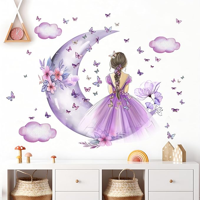 2 Sheets Purple Butterfly Girl Wall Decal - Removable DIY Moon Cloud Wall Decal Vinyl Purple Flower Princess Room Art for Girls Baby Nursery Bedroom Living Room Bathroom Classroom Decor