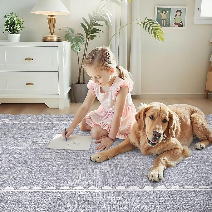 GarveeHome Scalloped Bow Rug for Living Room, Solid Grey Rug for Dorm, Washable Rugs 3x5 Soft Low Pile Non Slip Scalloped Rugs for Nursery Bedroom Decor Hallway Kids Room Playroom