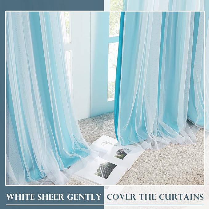PONY DANCE Blackout Curtains 84 Inch Length - Layered Curtain Mix and Match Room Darkening Drapes with White Sheer Overlay Elegance Window Drapes with Tiebacks (One Pair, Teal Blue, 52 Inches Wide)