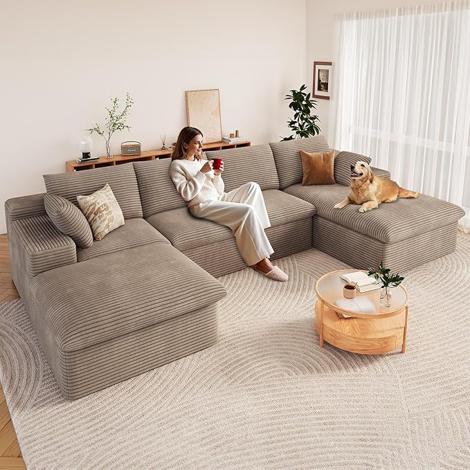 136" Cloud Modular Sectional Sofa with 1 Ottoman, Deep Seat Boneless Couch, Modern Upholstered Corduroy Couches, Comfort U Shaped Sofa for Living Room, No Assembly Required(Camel,Right Facing Chaise)