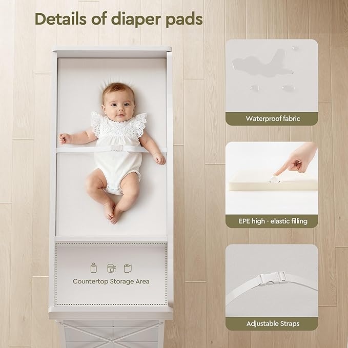 Baby Changing Table with 9 Fabric Drawers, Waterproof Diaper Changing Station & Pad, Mobile Nursery Diaper Changing Table, Baby Furniture, Bedroom, White