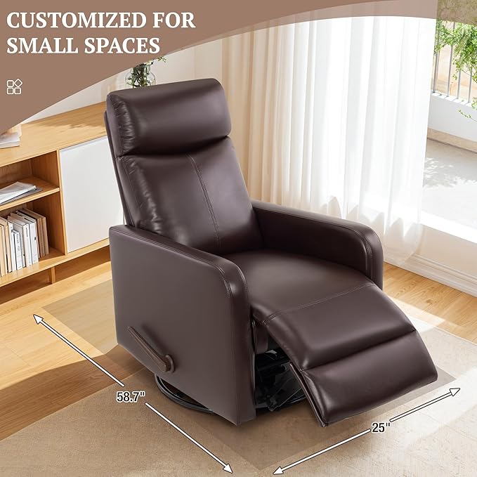 Swivel Rocking Recliner Chair for Small Space, Manual Swivel Glider Recliner for Nursery,RV,Rocking Recliner with Footrest and Side Pocket,Breathable Leather,Dark Brown