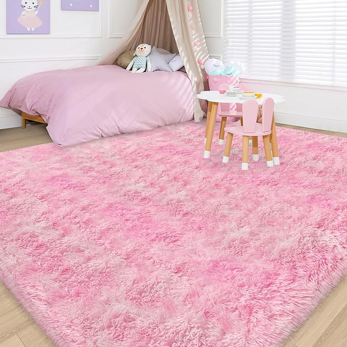 8x10 Pink Area Rugs for Bedroom Girls Room, Tie-Dyed Fluffy Pink Rug for Bedroom Living Room Big Shag Carpet, Ultra Soft Plush Thick Furry Rug Non Slip for Girls Kids Nursery Room Dorm