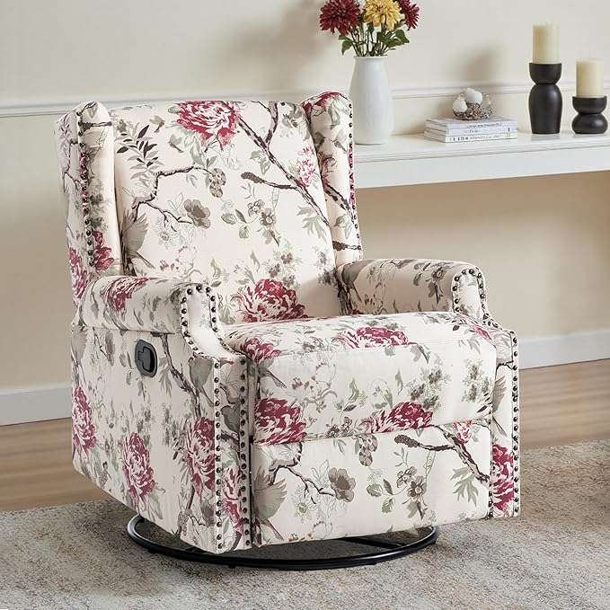 UIXE Swivel Glider Recliner Chair for Adults, High Back Nursery Rocker Floral Upholstered Armchair for Living Room, Manual Reclining Rivet Trim Sofa Lounge with Deep Seat in Fabric - Beige