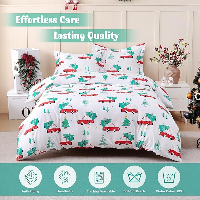 JSD Red Cars Kids Christmas Duvet Cover Set Full Size, 3 Piece Xmas Comforter Cover with Pillow Sham Zipper Closure, Comforter Not Included