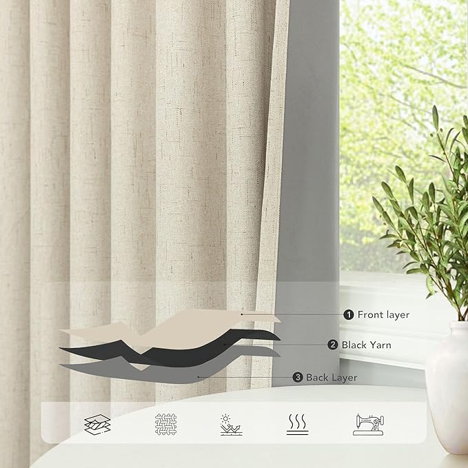 Burlap Curtains 90 Inches Long for Bedroom 2 Panel 100 Percent Blackout Linen Textured Full Light Blocking Cottage Drape for Living Room Dining Noise Reducing Sound Proof Curtains 52x90 Length Beige