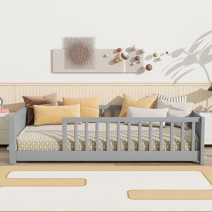 Floor Bed with Rails Twin Size, Wood Montessori Floor Bed with Storage Bookcase, Kids Bed Frame with Fence for Boys Girls, Gray