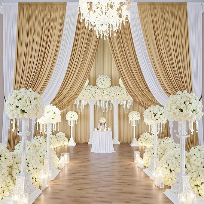 40×14 ft Beige Backdrop Curtain for Wedding Parties, 8 Panels 14ft Long Wrinkle Free Silky Polyester Backdrop Drapes Tan Photo Back Drop Cloth for Birthday Baby Shower Photography Backgrounds