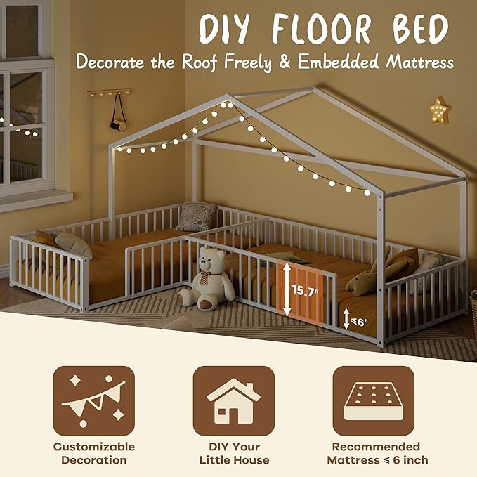 SOFTSEA Twin Size L-Shaped House Floor Bed, Metal Montessori Bed Frame with Fence Guardrails, Double Twin Corner House Bed for 2 Kids, No Slats Included, Box Spring Needed, Easy Assembly, White