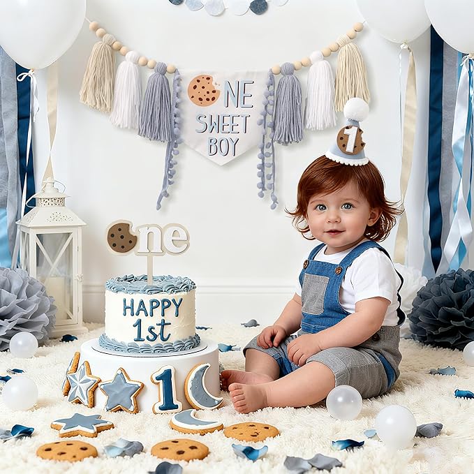 Cookies One Sweet Boy High Chair Banner For Cookies Theme 1st Birthday Party Decorations With Birthday Hat