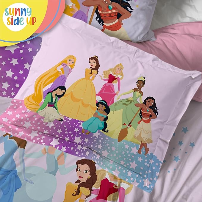 Sunny Side Up Disney Princess Twin Comforter Set - 5 Piece Kids Bedding Includes Comforter, Sheets & Pillow Cover - Super Soft Rainbow Stars Microfiber Bed Set