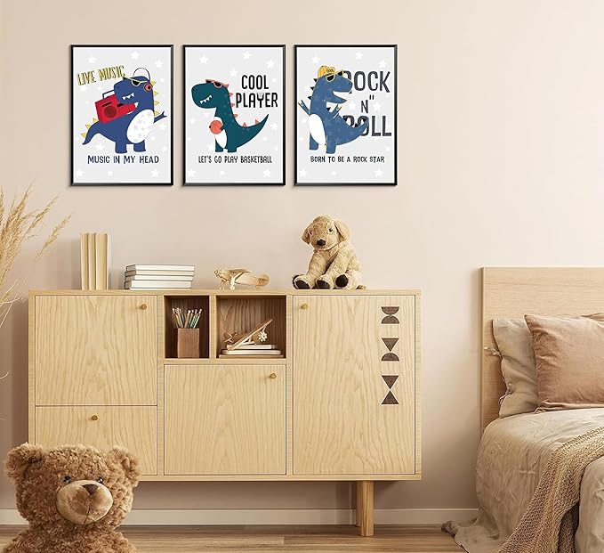 3Pcs Cartoon Dinosaur Wall Art Trio Set with Music Sports Rock Themes and Playful Canvas Prints, Vibrant Color Posters on Starry Gray Background for Kids Room Wall Decor Nursery Decoration Unframed