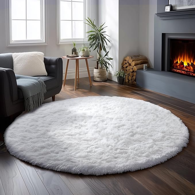 Amdrebio White Fluffy Round Rug 4Ft for Bedroom Aesthetic, Washable Fuzzy Fur Circle Area Rugs for Living Room, Plush Soft Shaggy Carpet for Nursery Dorm, Cute Kids Room Decor for Baby Teen Girls