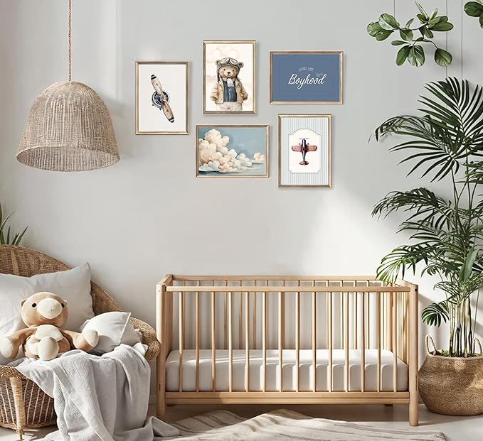 Vintage Baby Boy Nursery Wall Art Retro Airplane Travel Kids Room Canvas Wall Decor Teddy Bear Pictures Navy Blue Aviation Posters Cloudy Sky Painting Print Artwork for Boy Room Playroom, Unframed