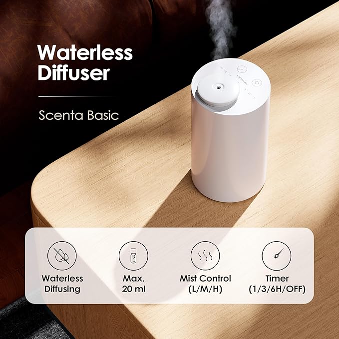 Airversa Waterless Diffuser for Essential Oil, Car Diffsuer, Battery Operated Nebulizer, 0.7 Fl Oz/ 20mL, Mini Scent Air Machine, 3 Timers & 3 Mist Levels for Home, Room, Car, Office - AN6 Cold Gray