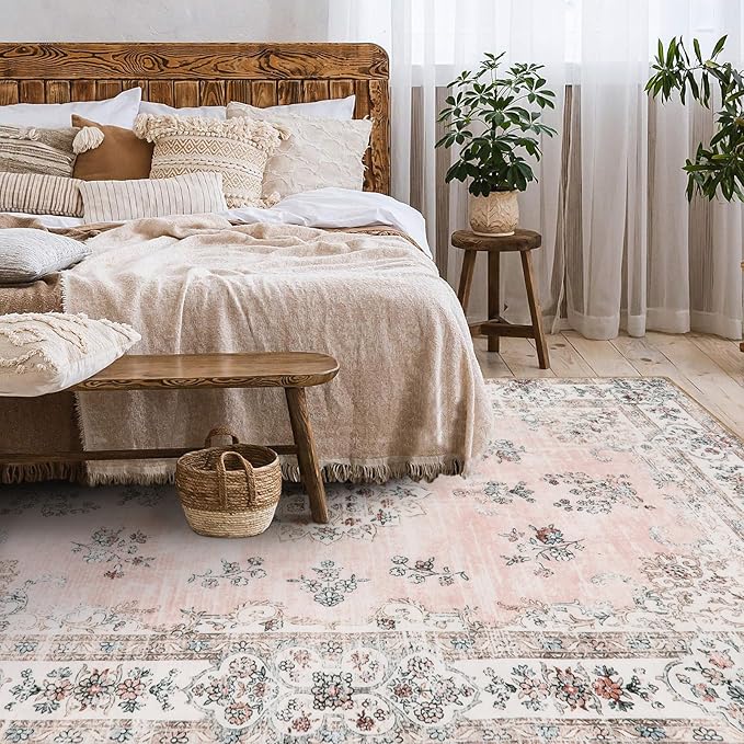 Lahome Washable 8x10 Living Room Rug, Soft Pink Floral Area Rugs for Girl Bedroom Dinning Room Office, Non-Slip Stain Resistant Lightweight Foldable Carpet for Fall Winter Home Decor